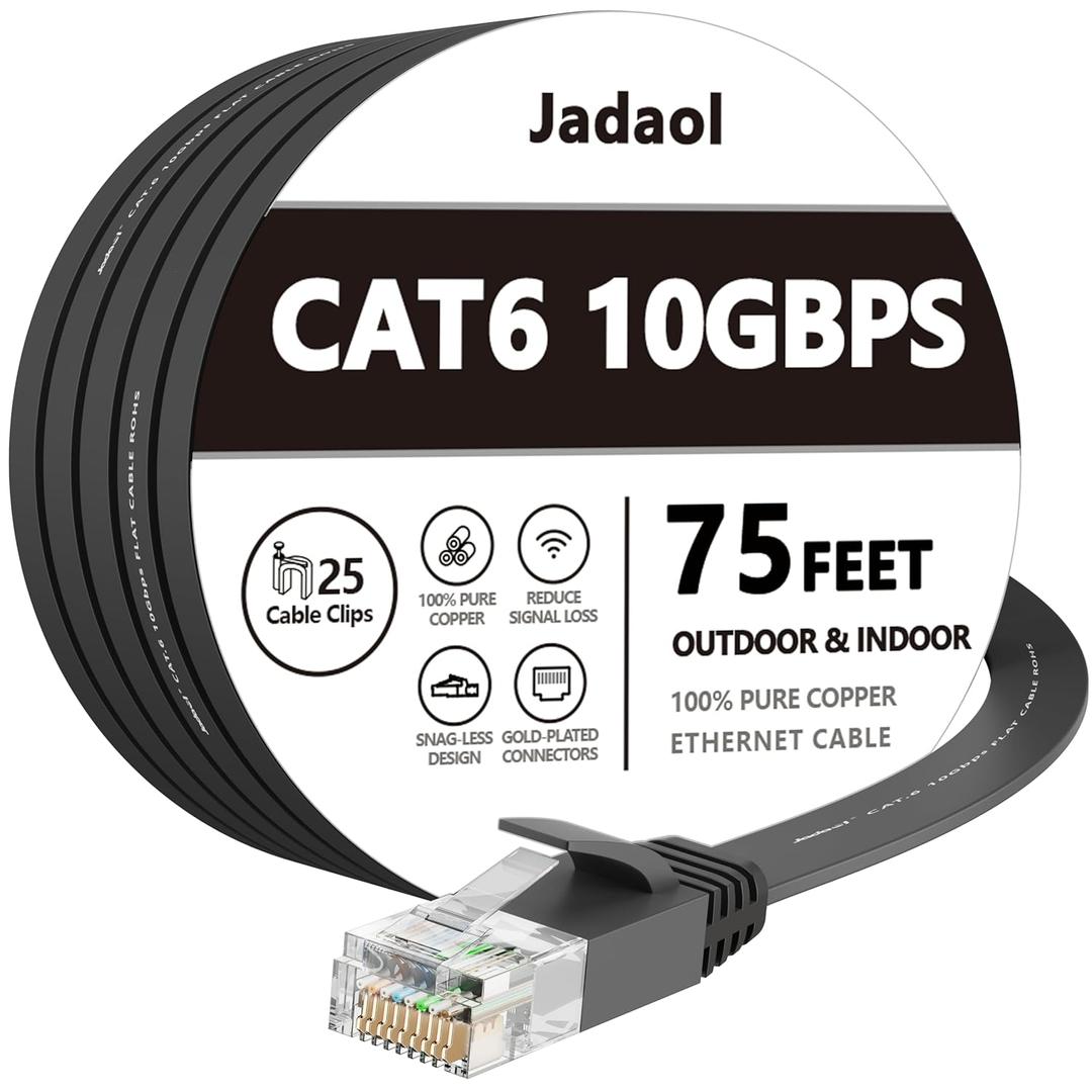 Jadaol Cat 6 Ethernet Cable 75 ft, 10Gbps Support Cat8 Cat7 Network, Flat RJ45 LAN Patch Cable, High-Speed Wired Internet Cable for Router, Modem, Switch, Gaming Consoles, PC, Streaming Devices, Black