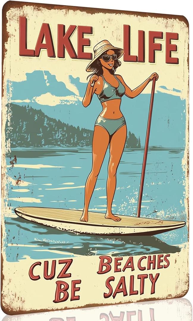 CCPARTON Vintage Beach Metal Sign Lake Life Cuz Beaches Be Salty Metal Tin Sign For Home Outdoor Indoor Office Bar Yard Decor 8x12 Inch