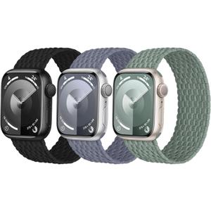 3 Pack Stretchy Braided Solo Loop Compatible with Apple Watch Bands 38/40/41/42mm(Series 10/11) XS-127-135mm wrist Women Men, Elastic Nylon Solace Strap for iWatch Series 11 10 9 8 7 6 5 4 3 Ultra/SE 2 (Black/Bluegrey/Cactus)