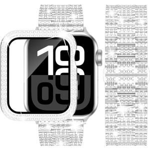 iiteeology Designed for Apple Watch Bands 46mm 45mm 44mm 42mm 41mm 40mm, Bling Diamond Case Band Kit Luxury Rhinestone Strap Series 11 10 9 8 7 6 5 4 SE 3 for Women (Silver)