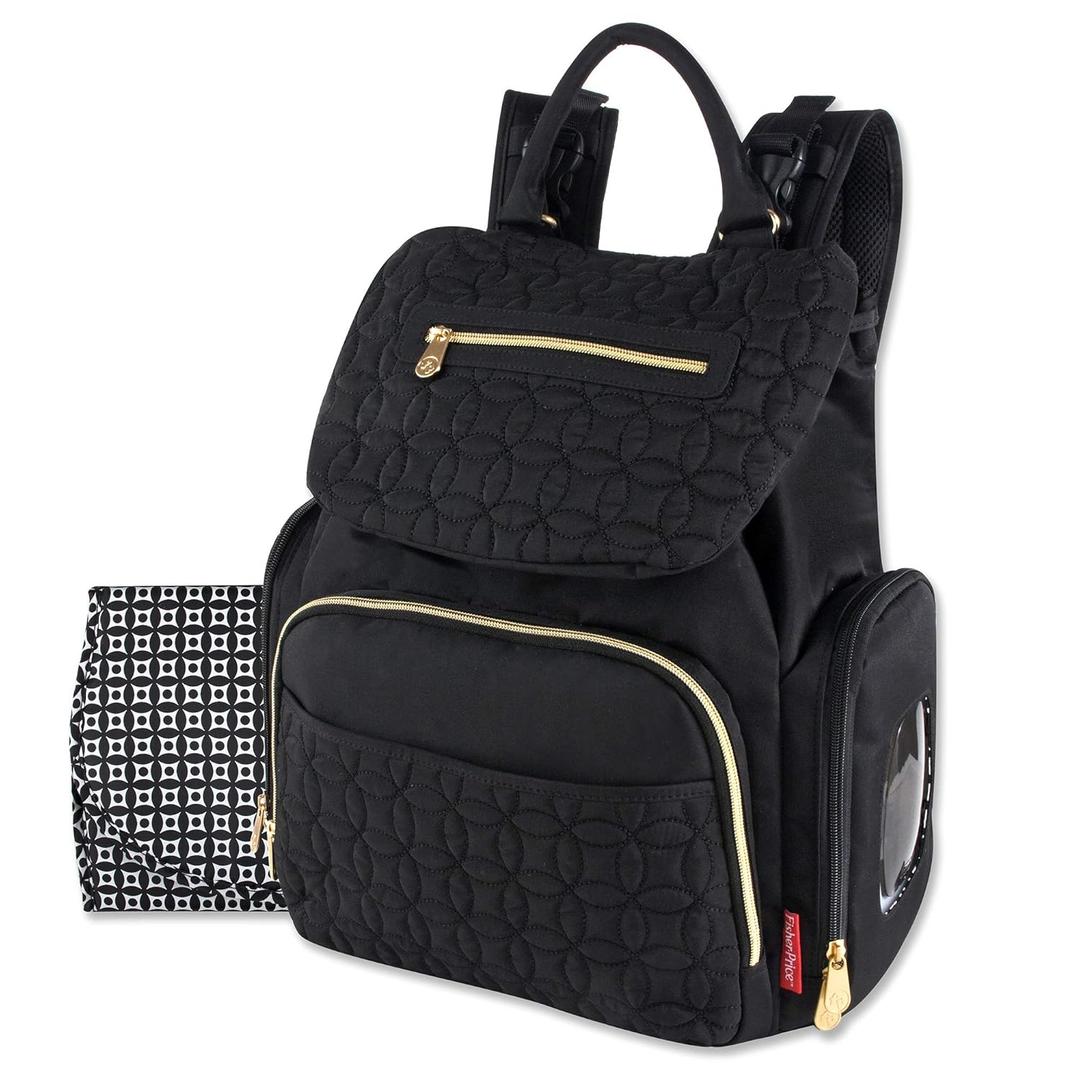Modern Quilted Diaper Bag Backpack and Multipurpose Travel Drawstring Baby Bag  3 Piece Set (Black)
