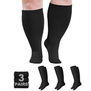 AMITOFO Plus Size Compression Socks: Wide Calf Compression Stockings for Men Women - Extra Large 20-30 mmHg Compression Hose Support for Running Travel Nurses Pregnancy 3 Pairs 3XL Black