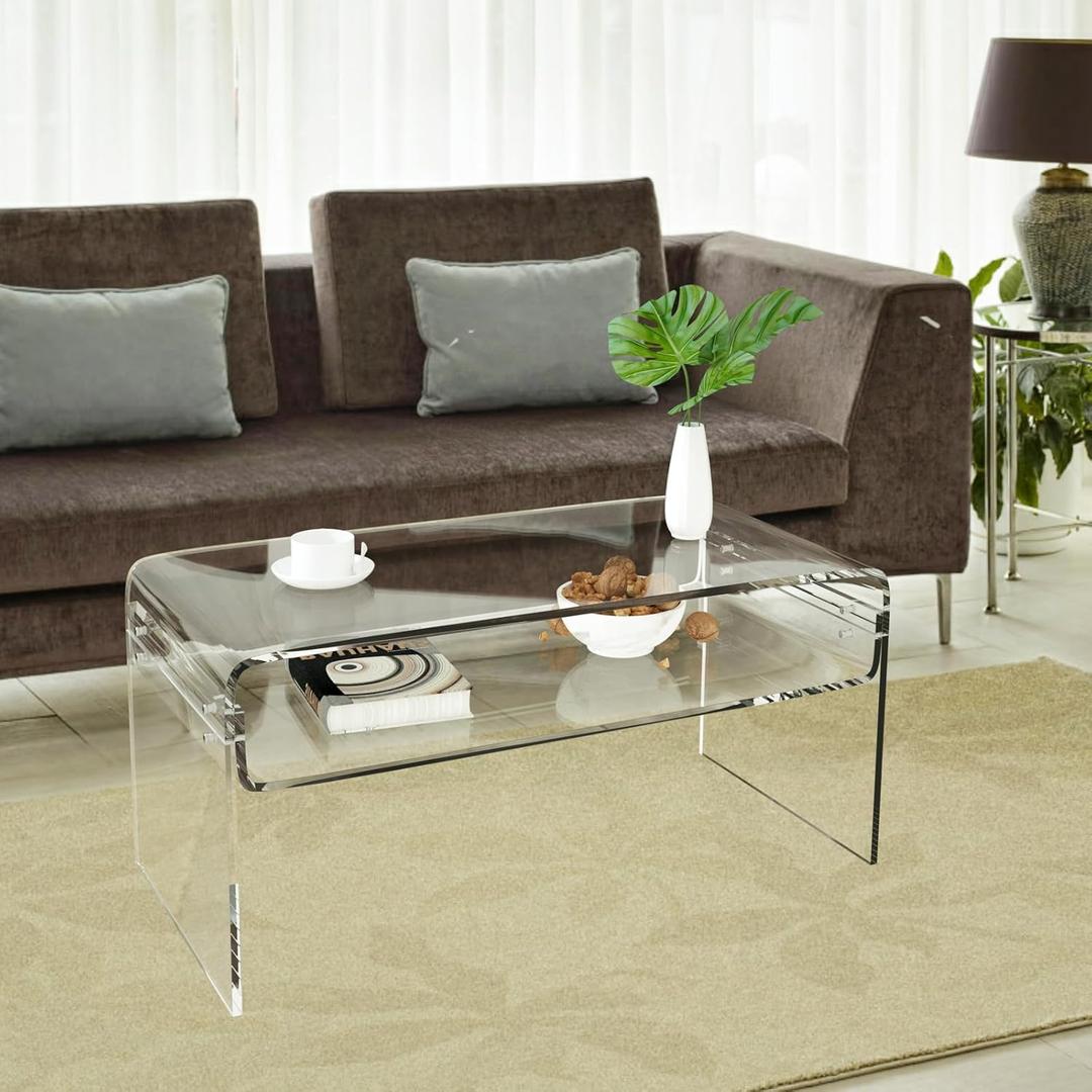 Acrylic Coffee Table, 31.5" Clear Coffee Table with Storage Shelf, Rectangle Centre Table, Modern Coffee Table for Living Room, Office31.5" L x 15.8" W x 15" H