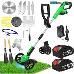 Electric Weed Wacker Eater Cordless Battery Powered, Weed Trimmer 21V Lightweight No-String with 2 Battery Operated & Wheels, 3 in 1 Stringless Grass Trimmer/Edger/Brush Cutter for Garden Yard Lawn