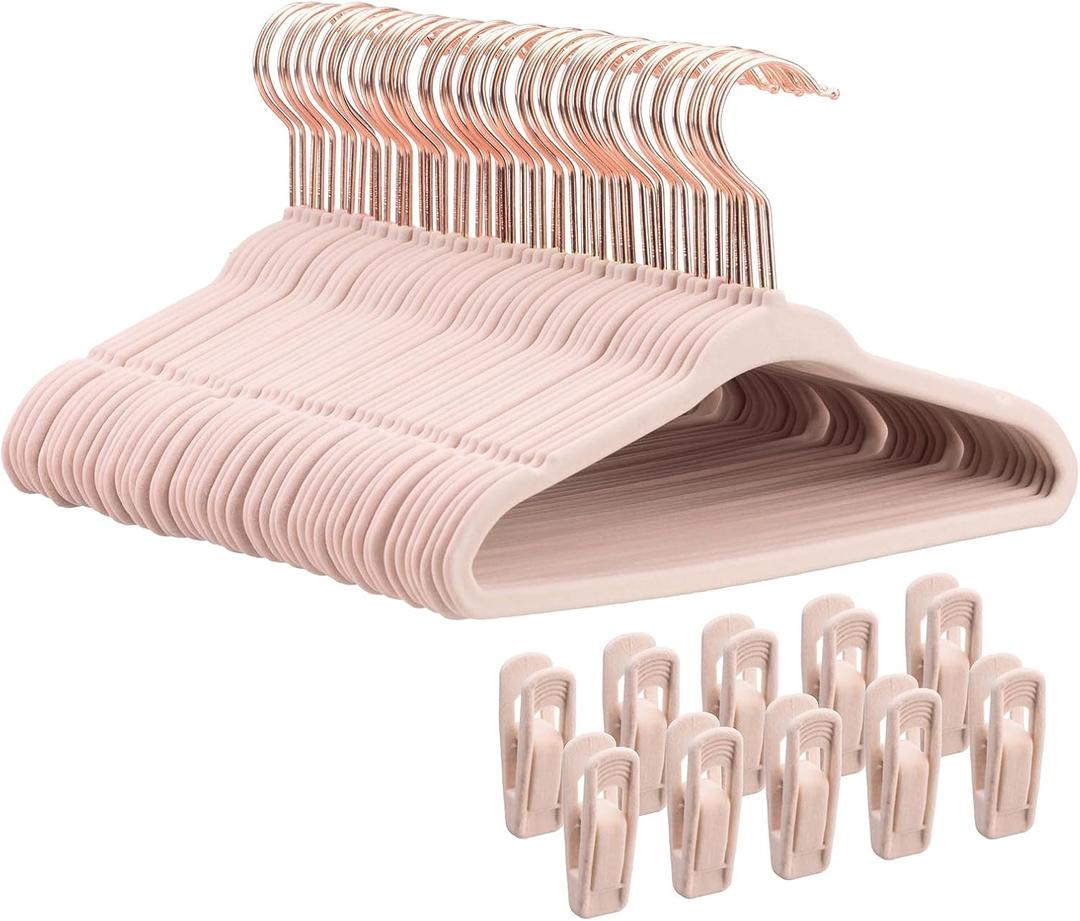 14 Inch Velvet Kids Hangers - 50 Pack Durable & Non-Slip Closet Organizers for Big Kids & School-Age Children, 0.2" Ultra Slim Space-Saving Design with 10 Clips Hanger - Pink