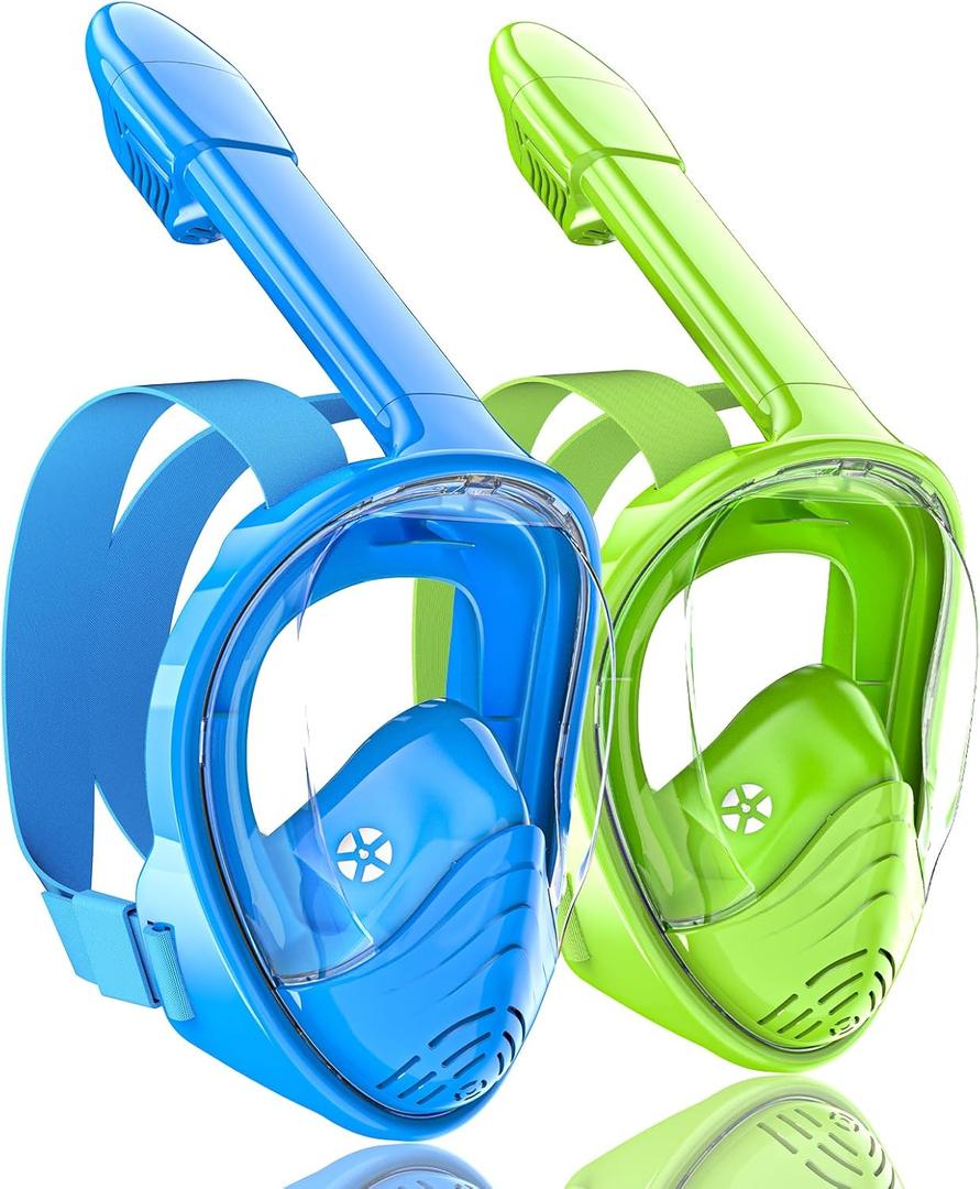 QingSong Kids Snorkel Mask Full Face, Snorkeling Set with Camera Mount, Foldable 180 Degree Panoramic View Snorkeling Gear Anti-Fog Anti-Leak (X-Small, Blue/Lemon Green)