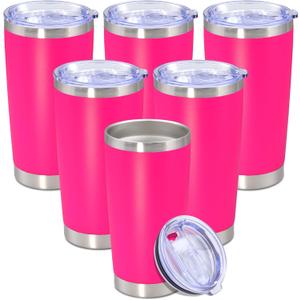 20 oz Tumbler with lid Double Wall Vacuum Insulated Tumblers Stainless Steel Coffee Mug Travel Coffee Tumbler Powder Coated Tumbler Cup Keep Hot & Cold - (Hot Pink 6 Pack)