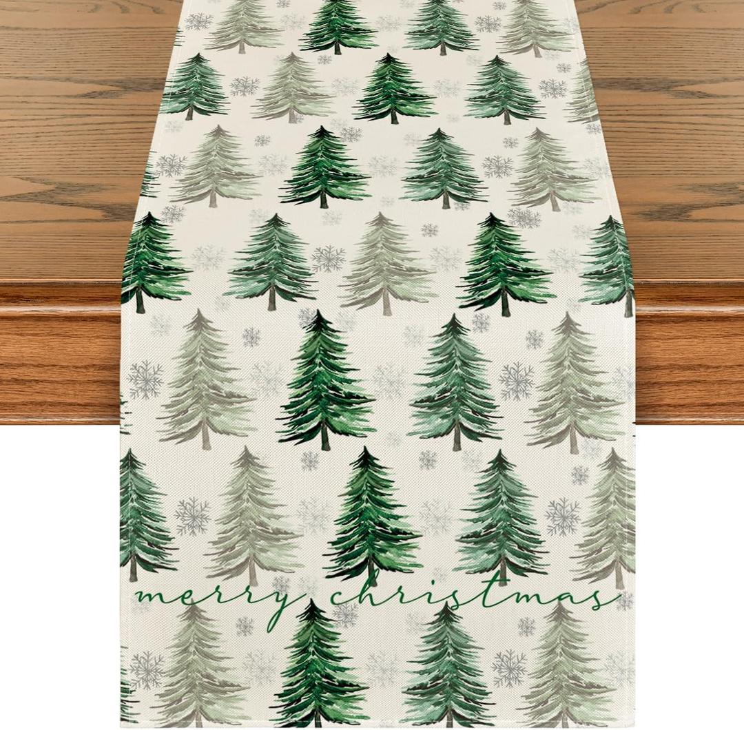 Artoid Mode Xmas Trees Snowflake Christmas Table Runner, Seasonal Winter Green Kitchen Dining Table Decoration for Home Party Decor 13x108 Inch