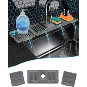 Spliced Sink Splash Guard-Silicone draining mat for Kitchen Sink-Faucet Drain pad with 2 Sponge Holder and Dish soap Tray-Rubber Handle drip Catcher Protector Accessories Behind Faucet (Gray)