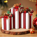 Glenmal 3 Pcs Christmas Table Centerpieces Xmas Wood Gift Boxes Decor Rustic Faux Present Blocks with Bow Ribbon for Holiday Tree Tiered Tray Decoration(Red Green White,Buffalo Plaid Style)