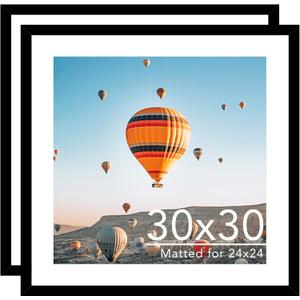 JCJMY 30x30 Picture Frame Set of 2 with 24x24 Mat, Display Photo 24x24 with Mat or 30 x 30 Without Mat, Wall Hanging Large 30x30 Poster Frame with Shatter Resistant Plexiglass, 2 Pack, Black