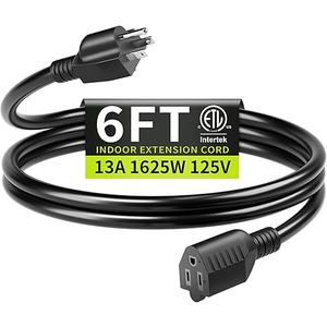 16/3 Black Extension Cord 6 FT Indoor, Short Extension Cord for Laptops, Coffee Makers, Office Home Appliances, 3 Prong Small Resistant Cable Flexible, 13A 125V 1625W ETL Listed Black