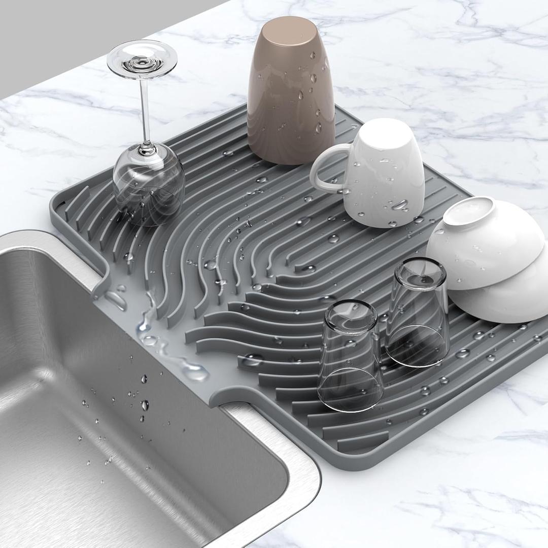 Silicone Drying Mat for Kitchen Counter , Dish Drying Rack Matt with Built in Drain, Small Dry Mats for Dishes Drying Pad for Kitchen Counter (2015.7inch Extra Large, gray)