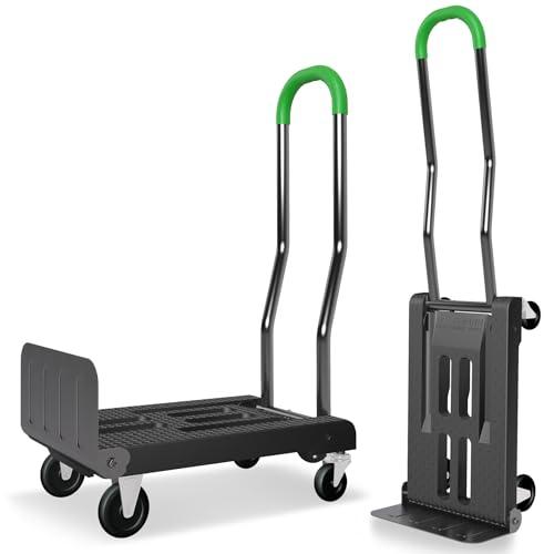 2-in-1 Convertible Hand Truck Dolly, 330LBS Capacity, 4-Wheel & 2-Wheel Modes, One-Button Switch, Foldable Lightweight Cart with Solid Rubber Wheels, Easy Assembly, Black & Dill Green