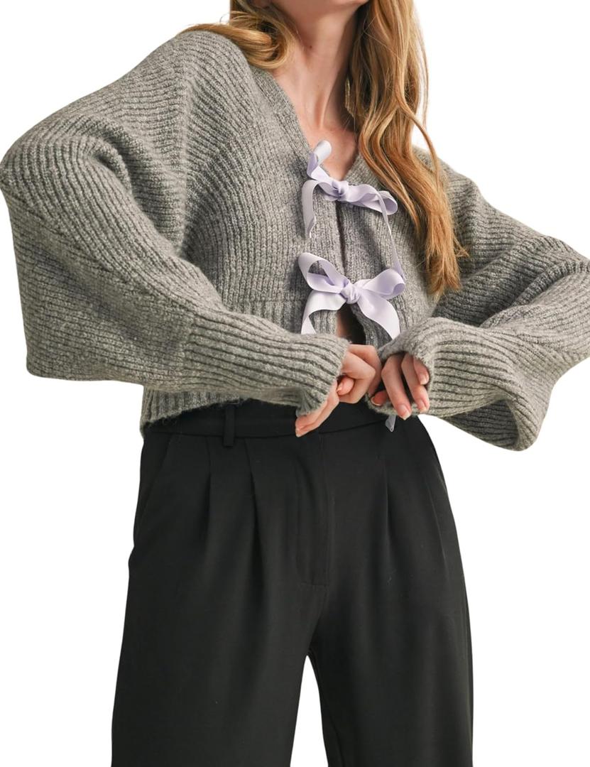 Esmeling Womens Long Sleeve Crop Cardigan Sweaters Chic Loose V Neck Knit Sweater Outerwear with Bow Tie (Gray, S)