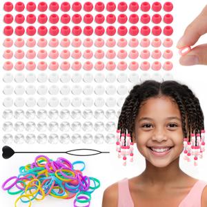 160Pcs 10mm Small Silicone Beads for Hair Braids, Soft Jellyish Pony Hair Beads with 5mm Hole + 50 Rubber Bands and 1 Beader for Braiding, DIY Bracelets Necklaces Crafts (Light Pink)
