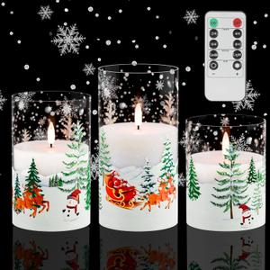 Christmas Flameless Candles with Remote, Glass Santa Claus Battery Operated Candles, Real Wax Flickering LED Pliiar Candles for Xmas, Holiday, Home Decor, Set of 3