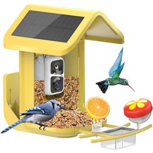 Bird Feeder with Camera Solar Powered : Smart Camera Bird Feeder 2K Live Feed Cam for Outdoor Backyard - Ai Identify Auto Capture Videos Pictures, Gifts for Birdlover Mom Dad, 2.4GHz WiFi (Yellow)