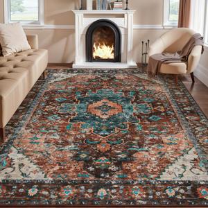 Ciicool Vintage Area Rug 8'x10' Oriental Print Rugs for Bedroom, Living Room, Under Table, Office, Entryway - Brick Red/Dull Teal