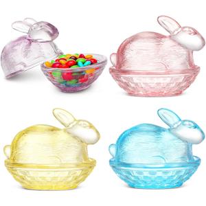 FoldTier 4 Pcs Easter Candy Dish Colorful Bunny Glass Candy Jar with Lid Bunny Cookie Sugar Storage Bowl Decorative Glass Dish for Spring Easter Table Decorations Gift Party Supply