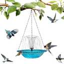 Hanging Bird Bath Fountain, Blue Glass Hanging Bird Bath with Water Fountain, Decorative Outdoor Bird Bath for Garden Yard Patio, Bird Water Feeder for Wild Birds