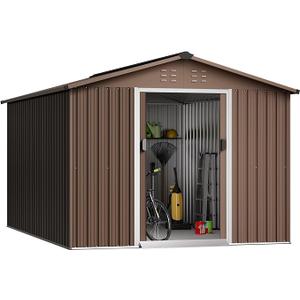 Acekool Outdoor Storage Shed 8x15 Ft & Large Storage Space, Utility Metal Storage Shed with Lockable Sliding Door and Vent, Garden Tool Shed for Organising Tools and Equipment in Yard, Garden, Brown