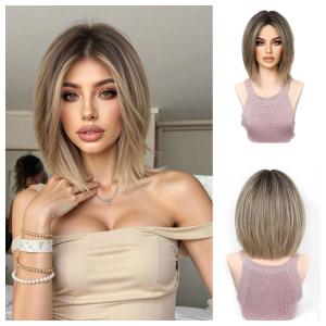 Golden Blonde Gradient Human Hair Wigs for Women Middle Part Shoulder Length Straight Bob Short Hair Glueless Lightweight Natural Look (Light Golden)