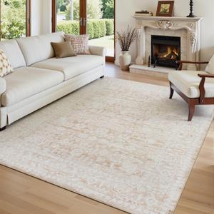 Floral Area Rug 6x9, Beige Rugs for Living Room Vintage Machine Washable, Indoor Farmhouse Non Slip Low Pile Soft Carpet for Bedroom Home Office Dorm Dining Room