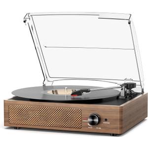 Record Player for Vinyl with 2 Build-in Speakers LP Vinyl Players Belt-Driven Vintage Turntables 3 Speed 3 Size, Wireless Bluetooth Playback, AUX-in, RCA Out, Headphone, Auto Stop Wood