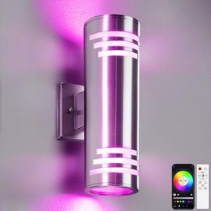 SHIMR Smart Outdoor Wall Lights RGBCW, Modern Color Changing Outdoor Sconce Cylinder Stainless Steel Exterior Light Fixture with Remote, Up and Down Outside Lights for House Home Theater Lighting (1 Pack)