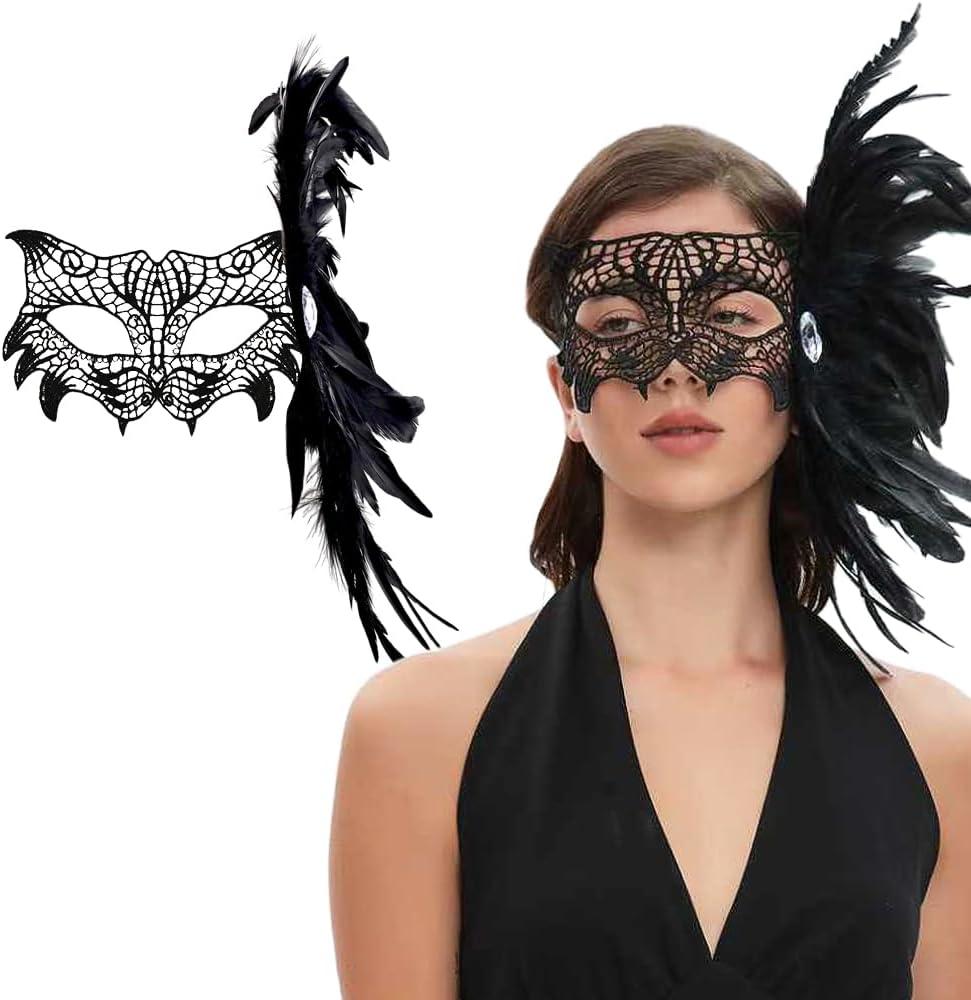 Fox Lace Masquerade Mask for Women, Colorful Feather Eye Mask with Elastic Strap, Costume for Halloween Party