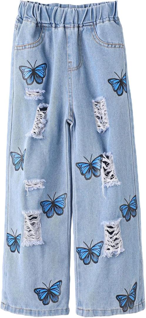 WDIRARA Girl's Butterfly Print Elastic Waist Wide Leg Ripped Jeans Denim Pants (Blue)