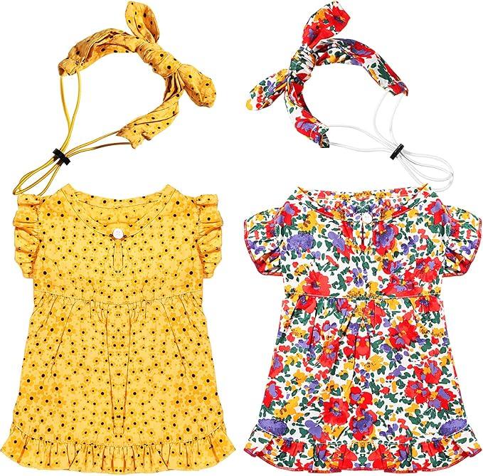 Frienda 2 Pcs Dog Dress Princess Floral Summer Puppy Dress with Bows Headband for Dog Cat Birthday Party Holiday Hawaiian Mermaid, Red and Yellow(S)