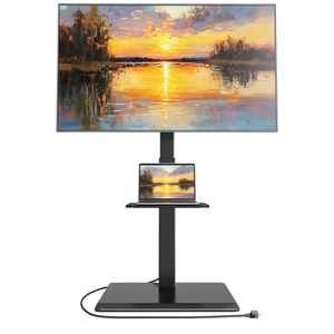 Steel Base Floor TV Stand with Power Outlet for 32-75 inch TVs up to 110 lbs, Leveling & Tilt & Swivel TV Stand with Hidden Wire Management, Height Adjustable TV Stand with Steel Shelf, Black