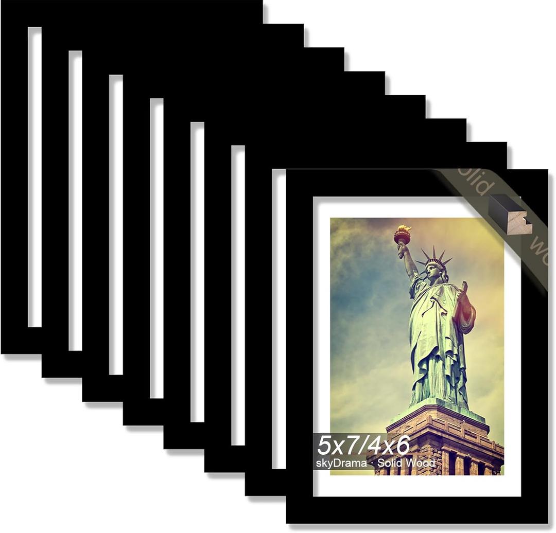 100% Solid Wood 5x7 Picture Frame Set of 8, Black Frame Display Photo 4x6 with Mat or 5 x 7 without Mat, 5 by 7 HQ Matte Black Frame for Wall - 8 Pack/Black/5"x7"