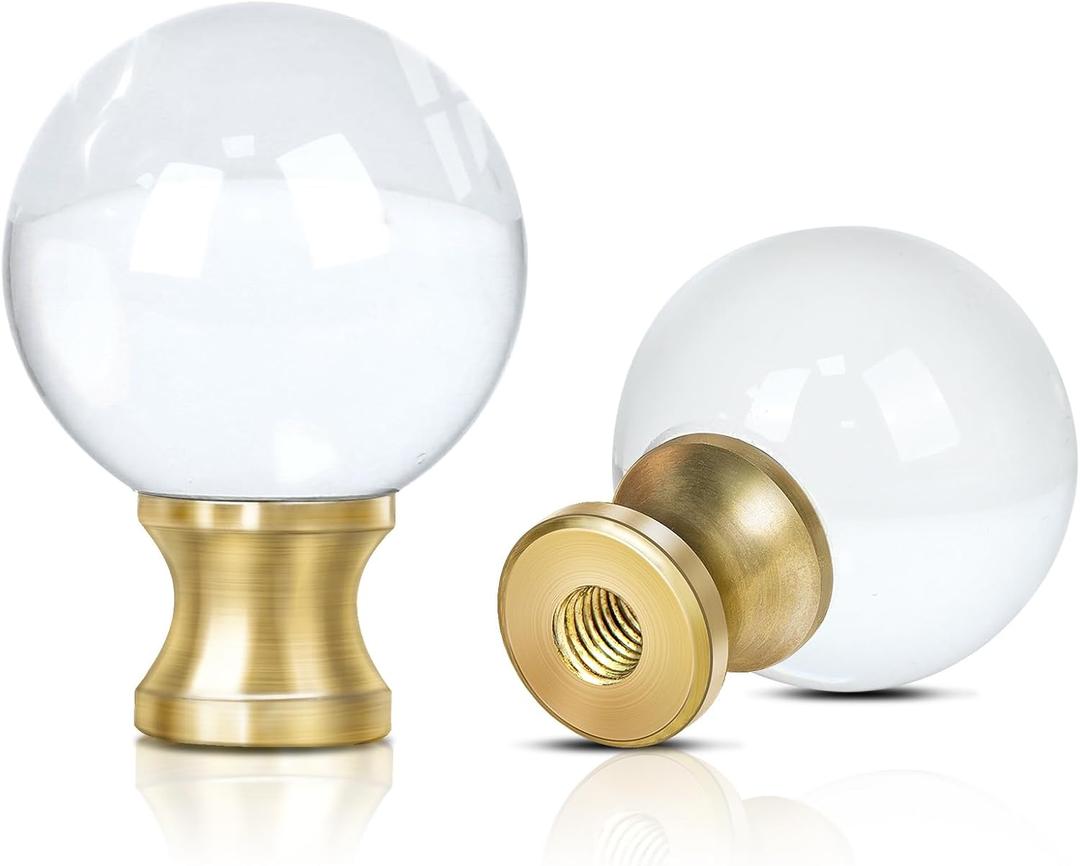 2 Pieces Crystal Lamp Finial Decorative Top Accessories Cap Knob1/4-27 Screw Topper Clear Lamp Finial With Polished Chrome Base Knob For Lamp Shade Indoor Lamp Top Ornaments (Round)