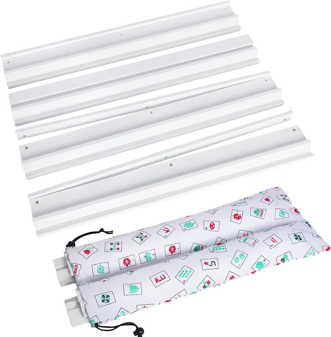 Mahjong Racks with Pushers, White Wooden American Mahjong Tile Pushers and Racks Set of 4, with White Printed Mahjong Racks Drawstring Bag, Mahjong Accessories (19.68 Inches), 19.68 x 2.55 x 1.06 inches