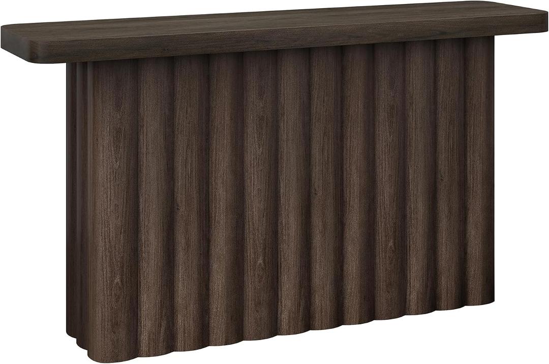 Henn&Hart 55" Fluted Modern Console Table, Sofa Table, Heritage Oak | Ribbed pedestal base with a spacious surface creates a sculptural accent for entryways, living rooms, hallways, and offices, 55'' Rectangular Console Table
