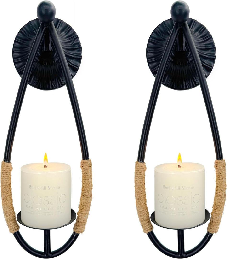 Wall Sconce Candle Holder Black Wall-Mount Metal Candle Holders Hanging Iron Wall Candle Sconce Holder and use Hemp Rope Decoration,for Home,Living Room, Bathroom, Dining Room, Set of 2