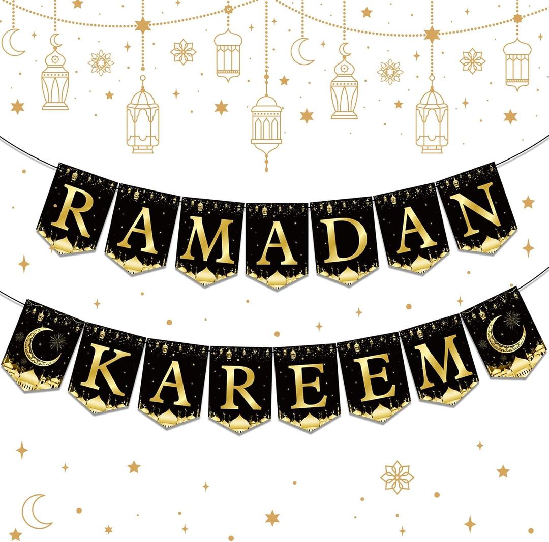Ramadan Mubarak Banner Party Decorations Black Gold Moon Lantern Hanging Bunting Ramadan Kareem Hanging Banner Party Supply for Home Wall Window Door Fireplace Mantle Ramadan EID Party Favor