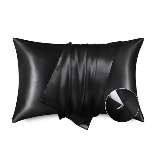 Bedsure Satin Pillowcase with Zipper, Similar to Silk Pillow Cases 2 Pack, Satin King Size Pillow Cases Set of 2, Silky & Soft Pillow Cover for Hair and Skin, Gifts for Women Men, Black, 20x36 Inches