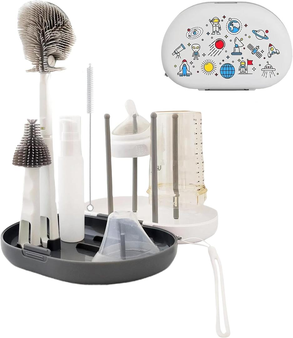 Bottle Brush Set -Baby Travel Essential-6 in 1 Bottle Cleaner Kit with Silicone Bottle Scrubber, Nipple Cleaner, Straw Brush, Drying Rack, Soap Dispenser, Storage Box - Home and Travel (White/Gray)