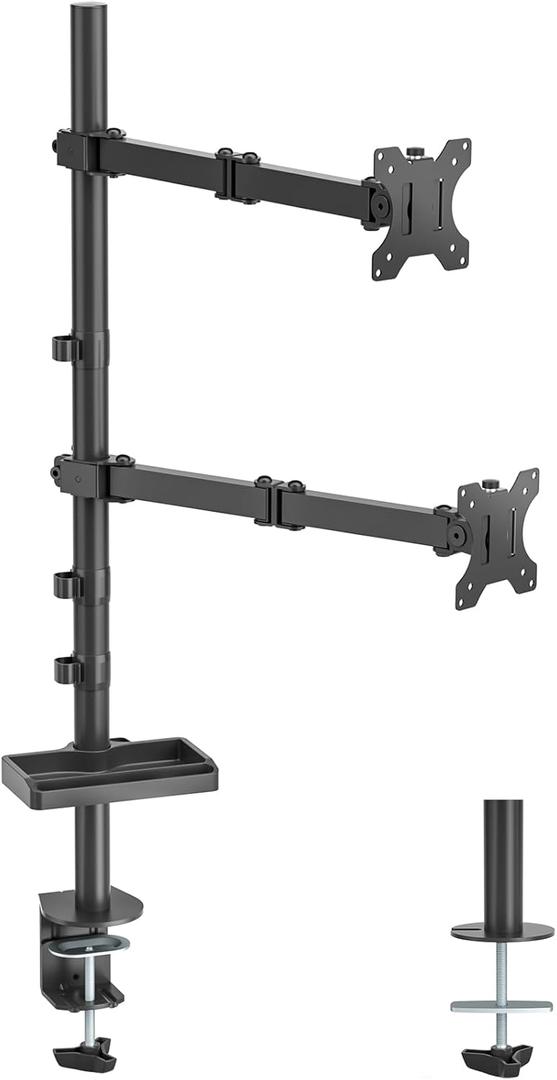 UPGRAVITY 
Dual Vertical Monitor Mount with Storage Tray, Stacked Monitor Stand for Two 13 to 32 inch Computer Screens, 35 inch Extra Tall Pole, Double-Jointed Fully Adjustable Heavy Monitor Arms