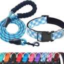 Ladoogo Reflective Dog Collar Padded with Soft Neoprene Breathable Adjustable Nylon Dog Collars for Small Medium Large Dogs (Small (Pack of 1), Vivid Blue Plaid Collar+Leash)