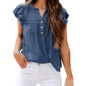 Women's V Neck Lace Crochet Shirts Button Down Short Sleeve Casual Blouse Tops (Blue, L)