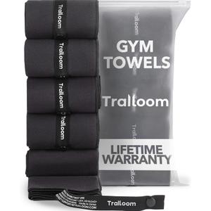 Trailoom Microfiber Workout Towels - Quick Dry, Highly Absorbing, Odor-Free, for Men & Women - Gym Sweat Sports Towel for Hot Yoga, Tennis, Running, Exercise, Working Out, Camping, Set of 5 Black