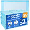 Medline Light Absorbency Underpad, 17" x 24", 300 Count, Disposable Chucks, Bed, Furniture & Surface Protection, For Kids, Adults, Elderly, Puppy Pad, Changing Pad, Incontinence Pee Pad (25 Count (Pack of 12))