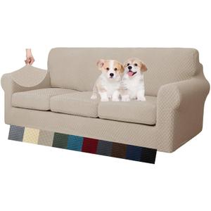 MAXIJIN 4 Piece Couch Covers for 3 Cushion Couch Super Stretch Non Slip Couch Cover for Dogs Pet Friendly Elastic Jacquard Furniture Protector Sofa Slipcovers (Sofa, Khaki)