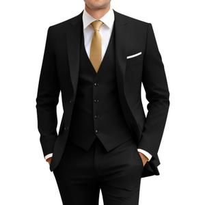 Men's Slim Fit 3 Piece Suit Two Button Business Wedding Dress Tux Suit Set Jacket Vest Pants with Tie (Black, S)