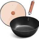 WANGYUANJI 10.24-Inch Carbon Steel Wok with Lid, Flat Bottom Small Wok Pan for 13 Servings, Uncoated Stir Fry Pan, Glass Lid, Induction/Gas/Electric Compatible, Wood Handle, Black